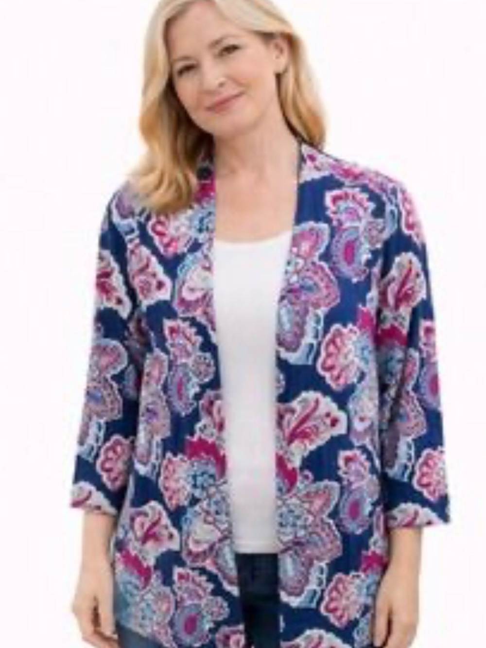 Chico's Navy Floral Paisley Open Cardigan with Pink and Teal Accents
